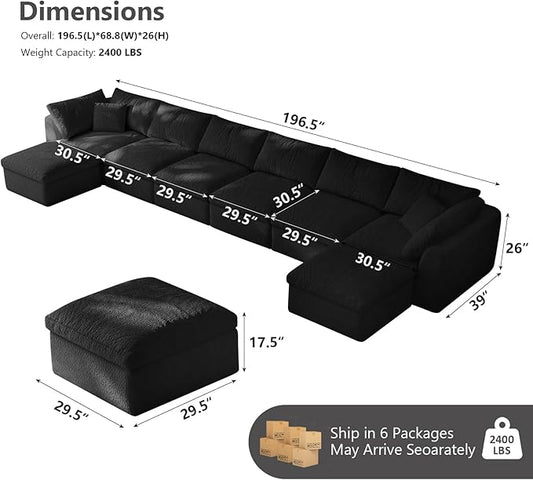 Boneless Cloud Couch Modular Sectional Sofa with Deep Seat for Living Room, L Shape Couch with Ottoman, Snowflake Cloth and 40D Memory Sponge,2 Throw Pillows (Black, 6 Seater+2 Ottoman)