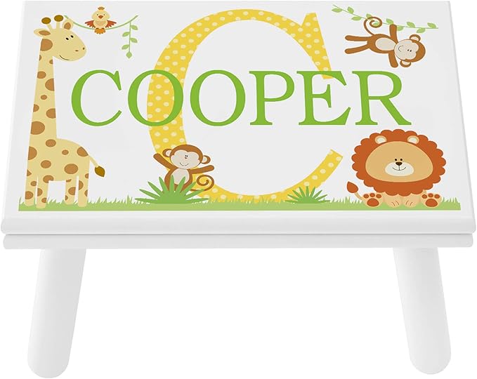 Let’s Make Memories Personalized My Own Name Step Stool - Children’s Step Stool - Sturdy Wood – Non-Toxic Paint, Sealer - Jungle Design - White - 14’Wx9.25”Lx8.75”H - Ages 3+