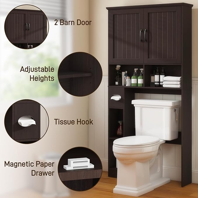 Vabches Over The Toilet Storage Cabinet, Farmhouse Storage Cabinet Over Toilet with Barn Door& Toilet Paper Holder Stand,Home Space-Saving Toilet Rack, for Bathroom, Restroom, Laundry.(Walnut)