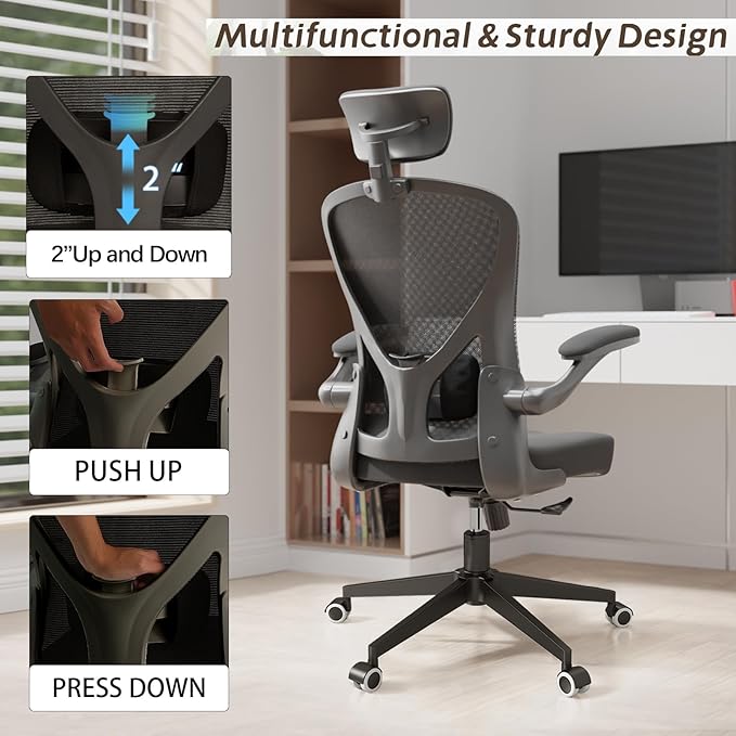 Office Chair with Adjustable Lumbar Support & Flip-Up Armrests -Ergonomic High Back Computer Desk Chair with Thickened Seat Cushion, Rolling Wheels for Home/Office Study Work (02H-Black)
