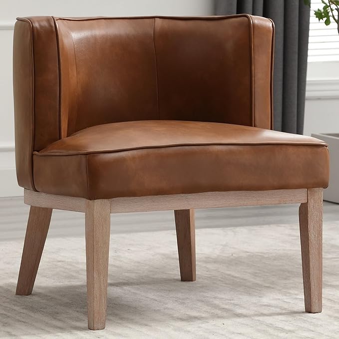 Arm Accent Chair Barrel Accent Chair with Wood Legs, Brown Leather Comfy Barrel Round Side Chair Upholstered Reading Chairs with Back for Living Room Bedroom Living Room Chair, Brown