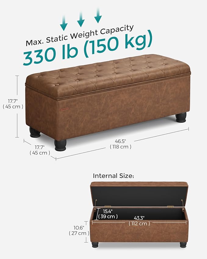 SONGMICS Storage Ottoman, Storage Bench, Tufted Entryway Bedroom Bench, 17.7 x 46.5 x 17.7 Inches, Hinges Easy Lid Operation, Wooden Legs, Synthetic Leather, Loads 330 lb, Coffee Brown ULOM071K01