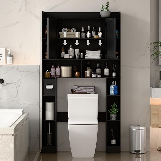 Farmhouse Storage Cabinet Over Toilet with Barn Doors,Over The Toilet Storage Cabinet, Home Space-Saving Toilet Rack, for Bathroom, Restroom, Laundry.Pure Black