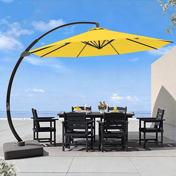 7 Piece Patio Dining Set with 11ft Patio Umbrella (Yellow), 7 Black Outdoor HDPE Dining Set with 6 Chairs + 1 Large Table with 2" Umbrella Hole, for Market, Pool, Garden, Backyard, Deck
