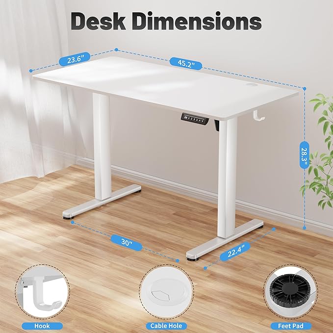Shahoo 45.2 Inch Standing Desk, Electric Height Adjustable Computer Desks with Hook and Cable Hole, White