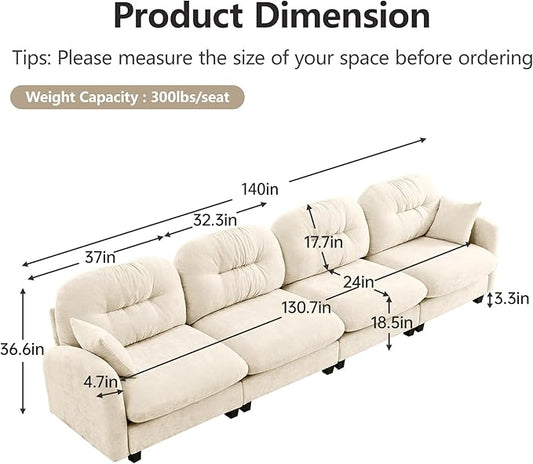 140" 4 Seater Couch for Living Room, Comfy Chenille Fabric Cloud Sectional Couch, Modern Upholstered Deep Seat Sofa with Armrest Pillow, Oversized Sectional Sofa, Beige