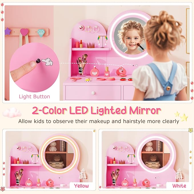 Costzon Kids Vanity, Girls Vanity Set with Mirror and Stool and Lights, Drawers, Storage Shelf & Hooks, 2 in 1 Makeup Desk Dressing Table, Kids Vanity Table and Chair Set (Pink)