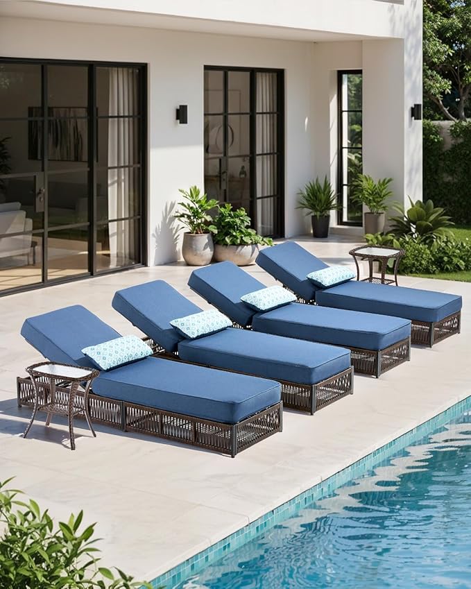 Luxury Outdoor Chaise Lounge with 5 Inch Thickened Cushions - 1 Set High Back Brown Wicker Patio Recliners Rattan Reclining Chairs Porch Poolside Pool Sunbathing Lounger - Navy Blue