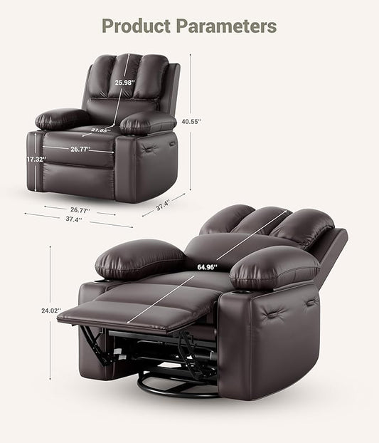 27" Oversized Power Recliner Chair, Faux Leather Rocking Chair with Heat & Massage, 360° Swivel Modern Electric Recliner with Cup Holder & USB Charging for Living Room, Bedroom, Nursery - Coffee