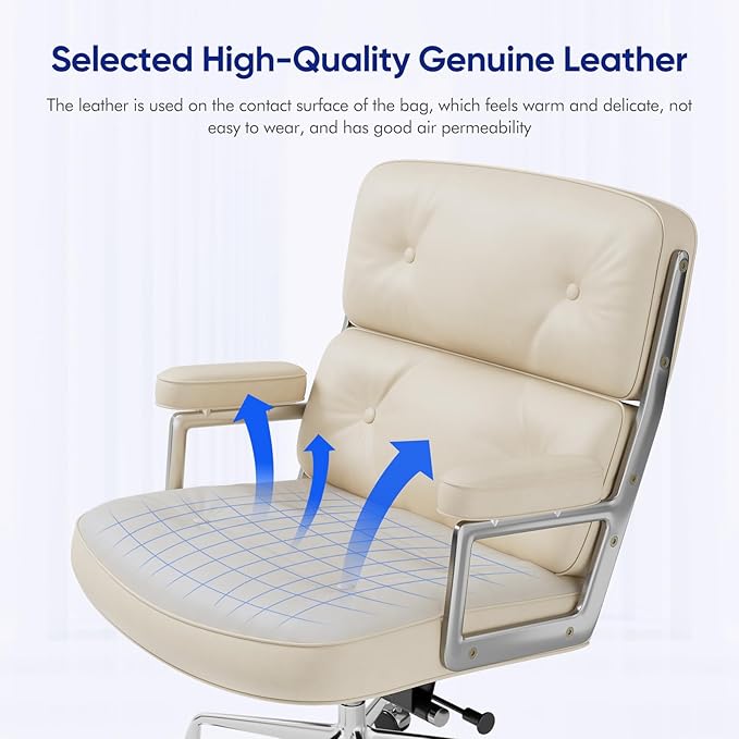 Genuine Leather Office Chair, Mid Back Executive Desk Chairs with Aluminum Arms and Wheels, Swivel Office Leather Chair with Thickened Backrest and Ergonomic Lumbar Support, White