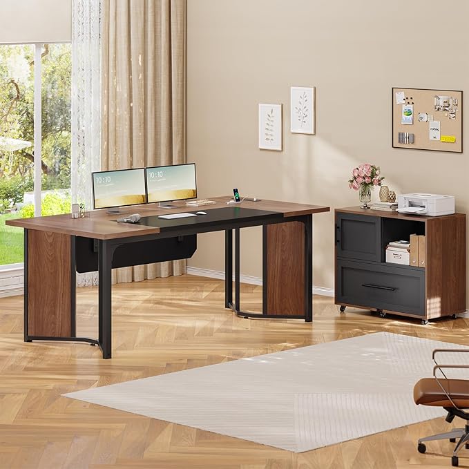 63" Executive Desk with Mobile File Cabinet, Large Office Desk with Drawer, Modern L Shaped Desk with Power Outlets, Storage Shelves, Corner Computer Desk Business Workstation Set (Walnut)