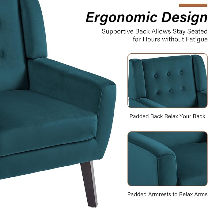Lumibee Accent Chair, Modern Velevet Armchair for Living Room, Comfy Upholstered Arm Chair Tufted for Indoor Bedroom Office Room (Blue Velvet)