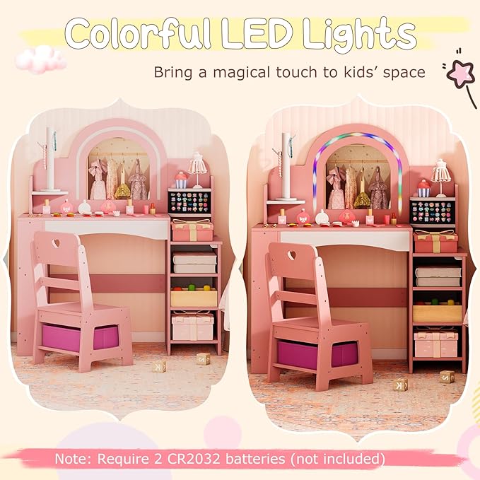 Costzon Kids Vanity, Girls Vanity Set with Lighted Mirror, Bookshelf, Jewelry Storage, Toddler Makeup Vanity Desk Dressing Table, Wooden Kids Vanity Table and Chair Set (Pink)