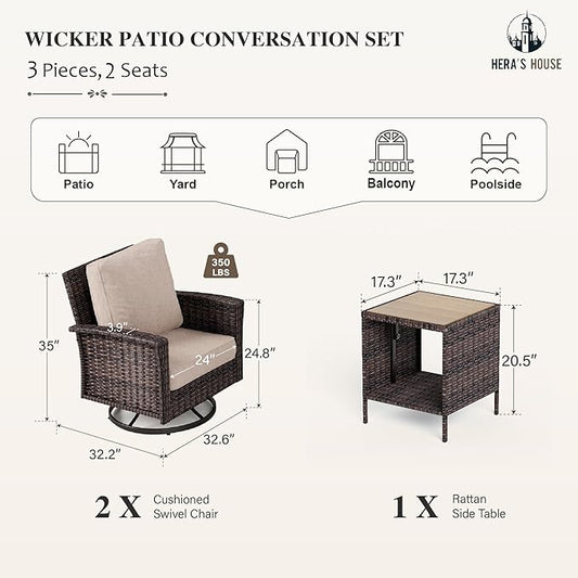 HERA'S HOUSE 3 Pieces Patio Bistro Set, High Back Swivel Wicker Chairs with Rattan Side Table, Outdoor Chairs Set with 5.5" Thick Cushions, Patio Furniture for Bistro Deck Porch Pool, Brown/Beige