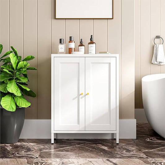 Metal Bathroom Cabinet, Small Floor Storage Cabinet, Freestanding Sideboard with 2 Adjustable Shelves for Living Room, Dinging Room (White, 31.5" H-2 Doors)