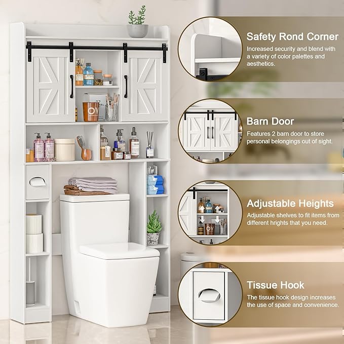 Farmhouse Storage Cabinet Over Toilet with Sliding Doors,Over The Toilet Storage Cabinet, Home Space-Saving Toilet Rack, for Bathroom, Restroom, Laundry.