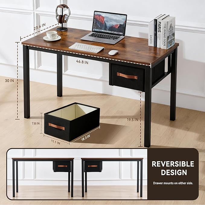 Computer Desk with Drawer, 47 Inch Home Office Work Desks, Modern Writing Study PC Desk Gaming Table for Small Place Bedroom, Thickened Tabletop and Stable Metal Frame Leg(Rustic Brown)