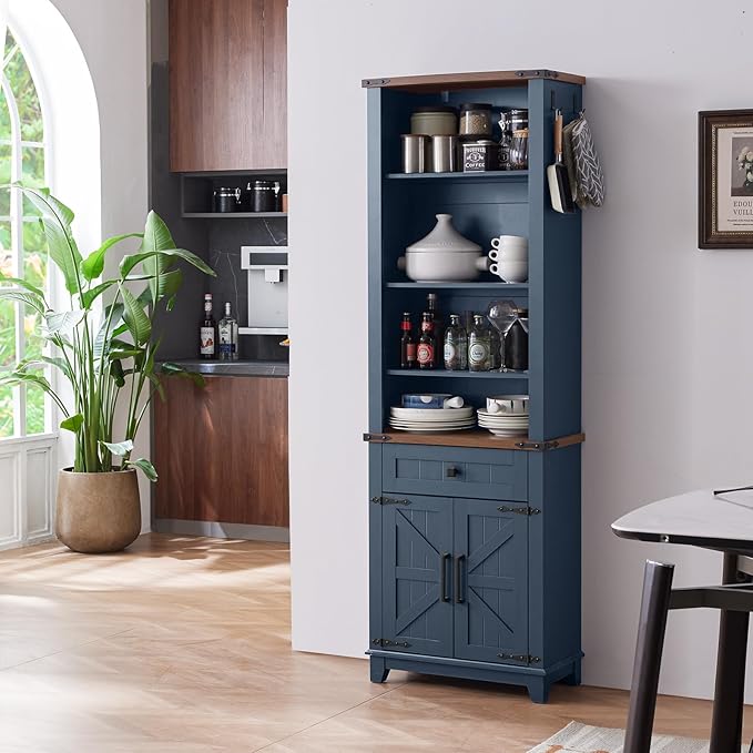 72in Tall Bookshelf 7 Tier Bookcase with Drawer and Barn Doors and Adjustable Shelves, Blue Farmhouse Book Shelf with Storage Cabinet, Wood Freestanding Display Bookshelves for Living Room