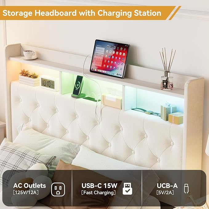 Full LED Bed Frame with Storage Headboard & Charging Station, Velvet Fabric Platform Bed Frames with 4 Drawers, Button Tufted Upholstered, No Box Spring Needed, Beige