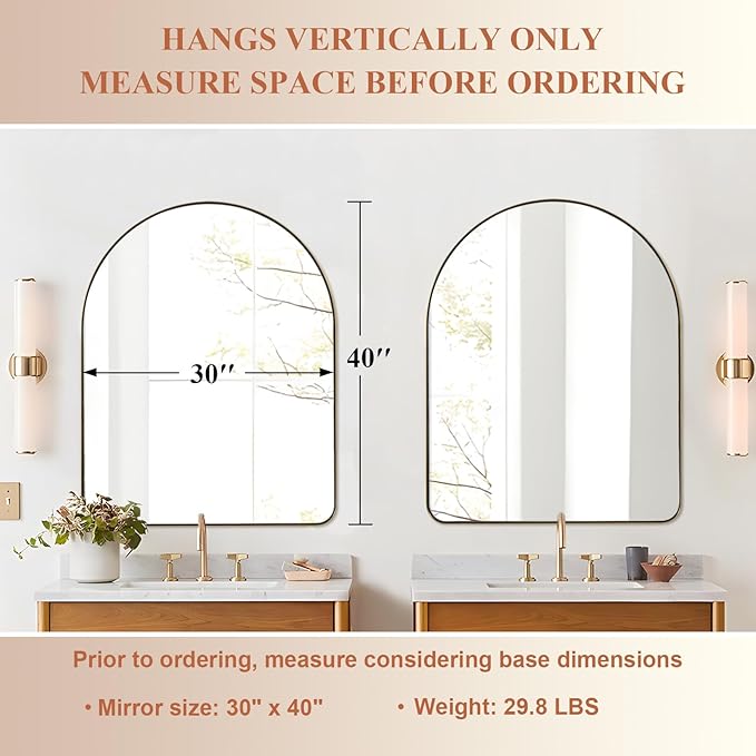 ANDY STAR 30x40 Inch Gold Bathroom Mirror, Arch Top Design Stainless Steel Mteal Frame, Brass Arch Mirrors for Wall Ideal for Bathroom, Entry, Living Room