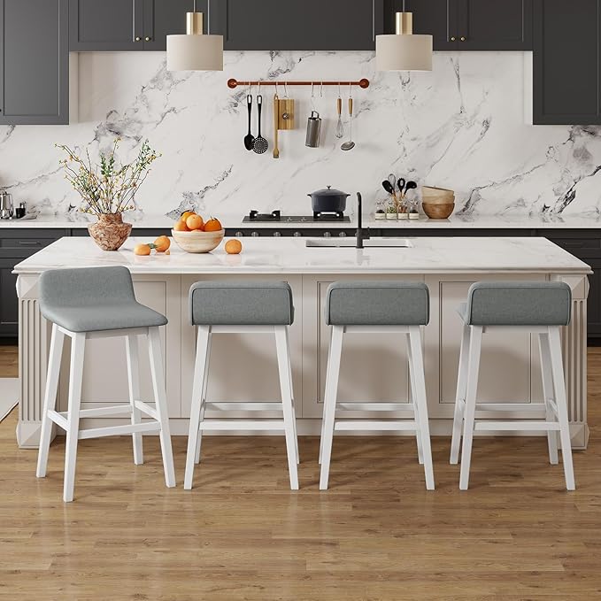 COSTWAY Wooden Bar Stools Set of 2, 29-inch Height Upholstered Padded Seat, Low Backrest, Footrest, Rubber Wood Legs, Armless Bar Chairs for Kitchen Counter Island, Dining Room, White+Gray
