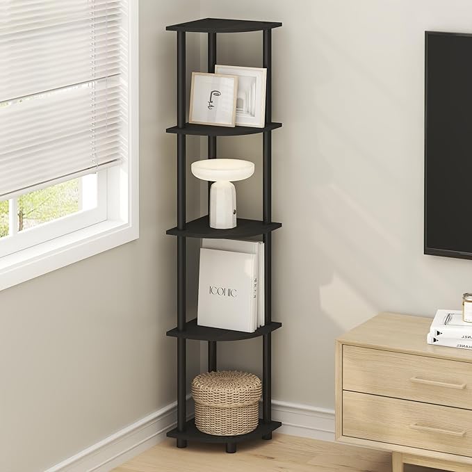 Furinno Turn-N-Tube Corner Shelf, 5-Tier Corner Bookshelf, Open Storage Shelves, for Organization and Storage, Living Room, Home Office, Garage, Bedroom, Black Espresso