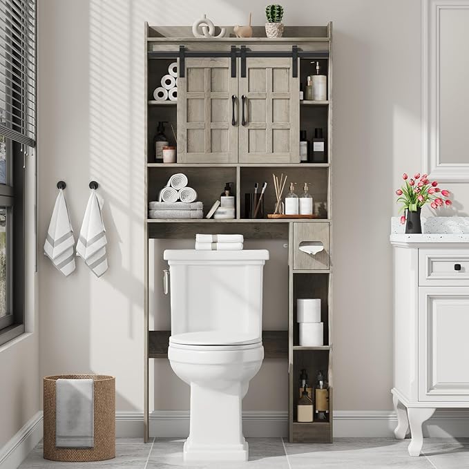 Over The Toilet Storage Cabinet, Farmhouse Storage Cabinet Over Toilet with Sliding Doors,Home Space-Saving Toilet Rack, for Bathroom, Restroom, Laundry.Wash Grey