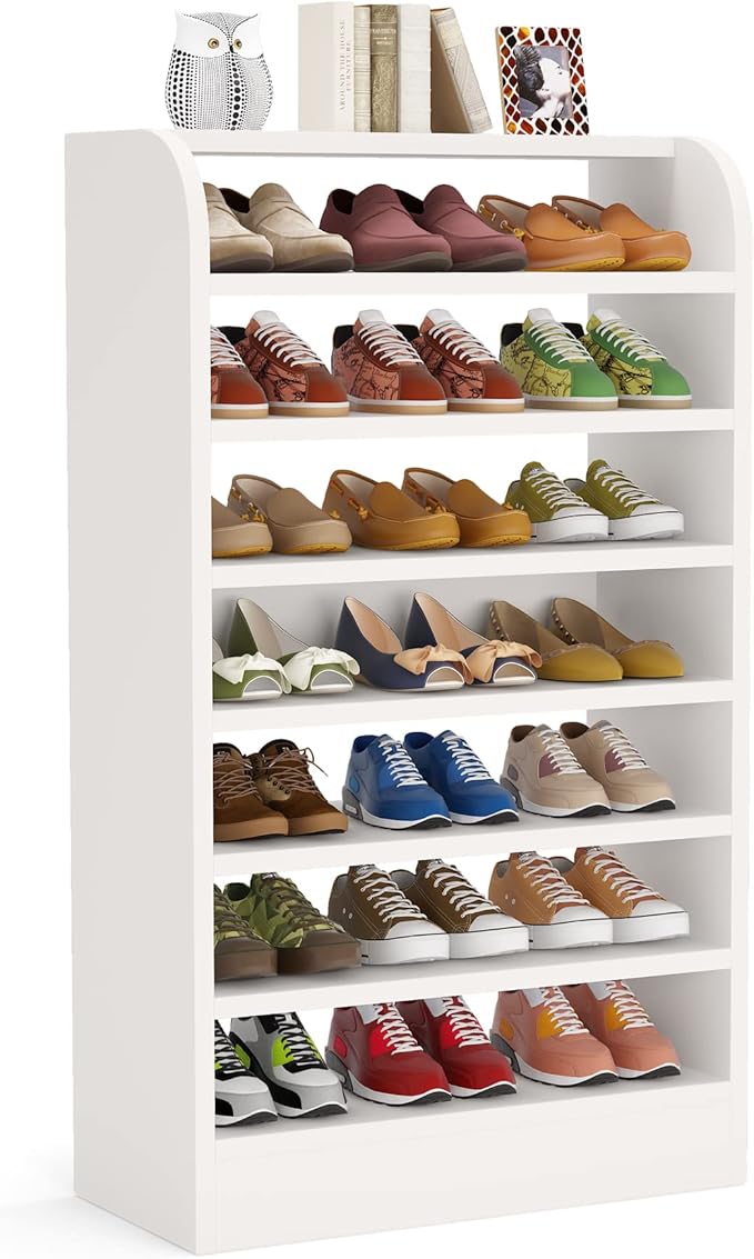 Tribesigns Shoe Rack, 8-Tier Tall Shoe Shelf, Wooden Shoe Storage Cabinet, White