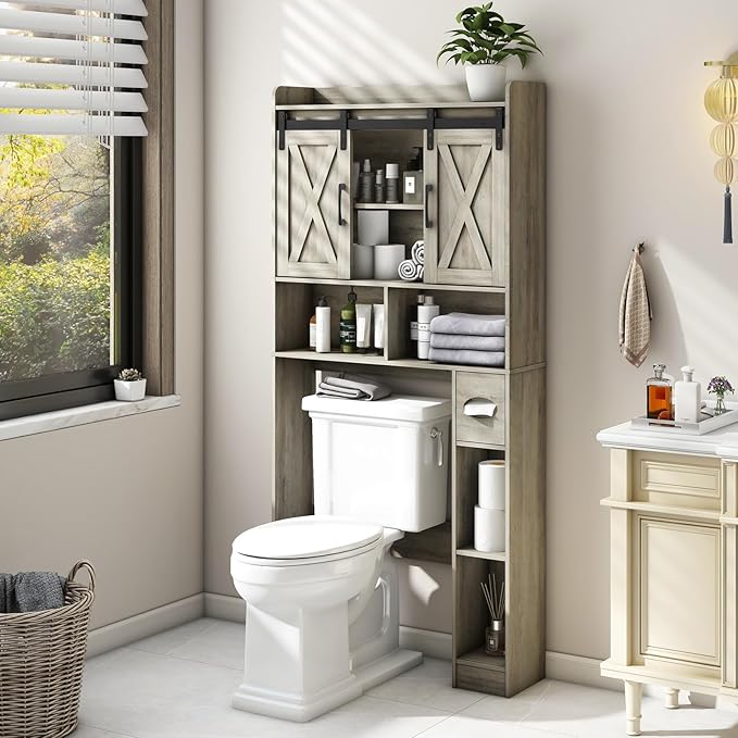 Vabches Over The Toilet Storage Cabinet, Farmhouse Storage Cabinet Over Toilet with Sliding Door& Toilet Paper Holder Stand,Home Space-Saving Toilet Rack, for Bathroom, Restroom, Laundry