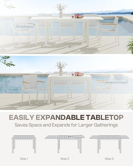 Expandable Outdoor Patio Dining Table Set for 6-8 Person, Aluminum Outdoor Table and 6 Chairs with Textilene Fabric & HDPS Armrest, All-Weather Patio Furniture Set for Yard, Garden, White