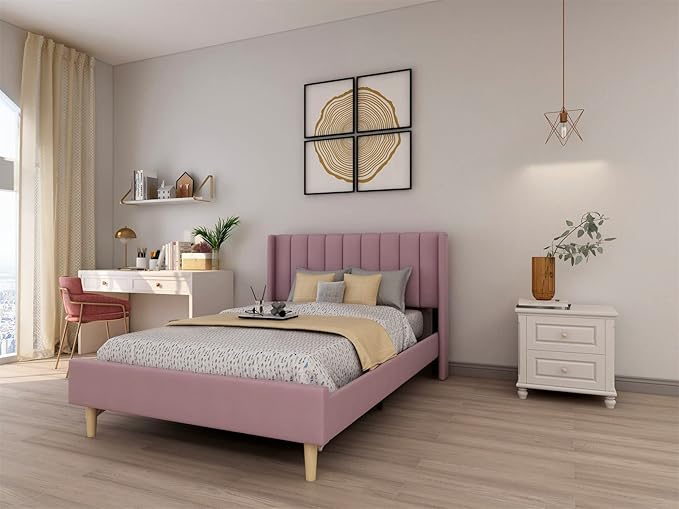 Low Profile Upholstered Platform Bed,Full Beds with Pink(Velvet)