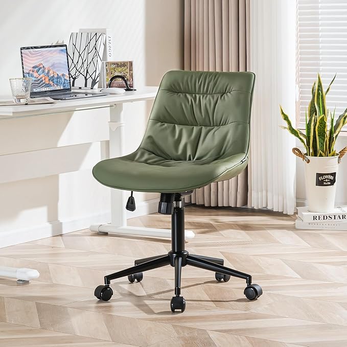 Kidol & Shellder Faux Leather Office Chair, Adjustable Swivel Height Task Chair, Rolling Wheels & Soft Backrest - Armless Ergonomic Desk Chair for Home, Office,Vanity,Gaming(Bean-Green)