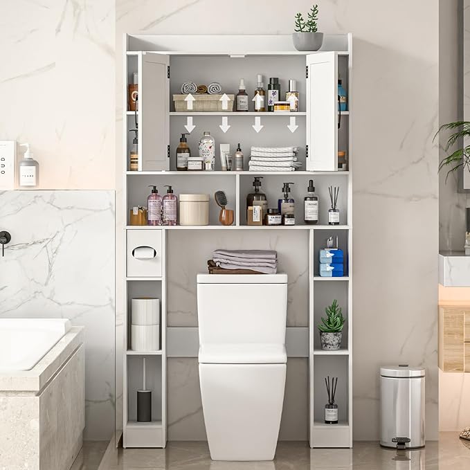 Farmhouse Storage Cabinet Over Toilet with Barn Doors,Over The Toilet Storage Cabinet, Home Space-Saving Toilet Rack, for Bathroom, Restroom, Laundry.