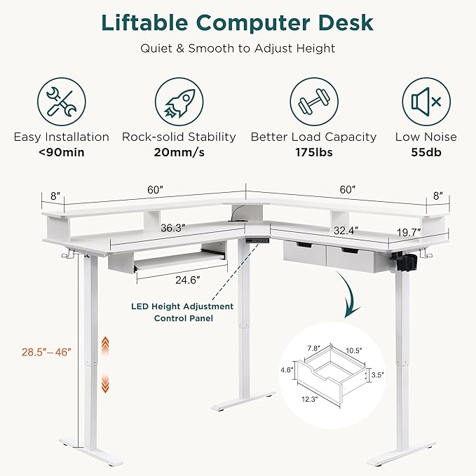 RedLemon 60 Inches L Shaped Electric Standing Desk, Height Adjustable Corner Gaming Desk with Drawers, Keyboard Tray, Power Outlets & LED Lights, Computer Desk with Monitor Shelf, Antique White