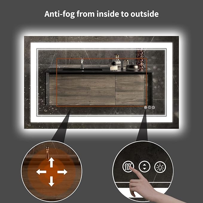 44 x 30 Inch LED Bathroom Mirror, Front Light and Backlit Lighted Vanity Mirror, Anti-Fog, Dimmable Memory, Shatterproof, Wall-Mounted