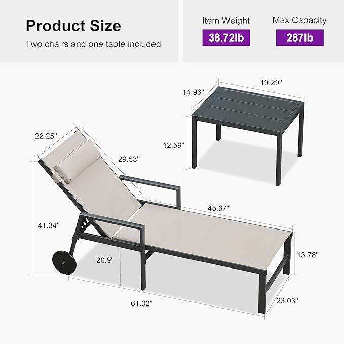 PURPLE LEAF Patio Lounge Chair Set of 3 Outdoor Chaise Lounger Aluminum Frame with Armrest Side Table and Wheels for Pool Outside Sunbathing Tanning Recliner Including Pillows Beige