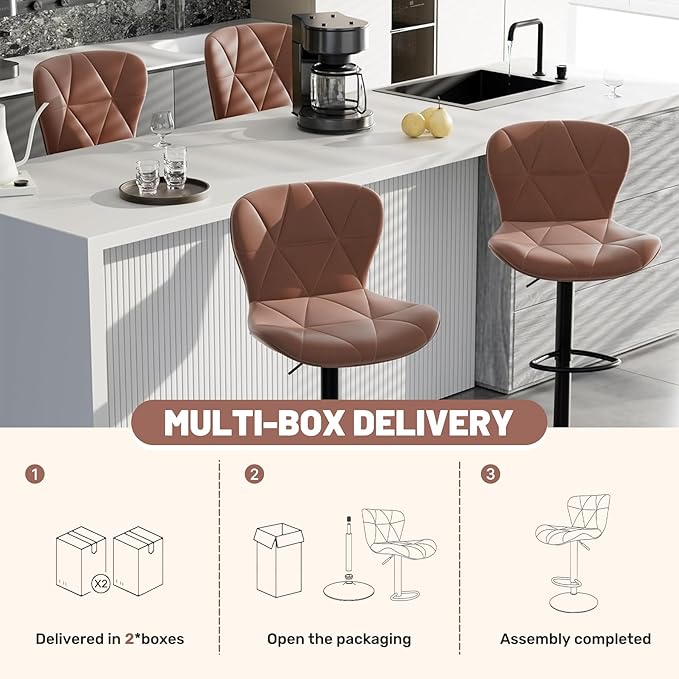 Bar Stools Set of 4,Adjustable Swivel Barstools, Faux Leather Bar Chairs,Upholstered Counter Height with High Backrest for Kitchen Island,Light Brown