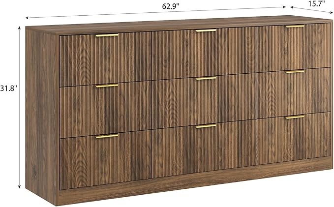 3-Piece Modern Bedroom Furniture Set, Wide 9-Drawer Dresser & 2-Drawer Nightstands Set of 2, Natural Wood Dresser and Nightstand Sets for Bedroom, Hallway, Walnut