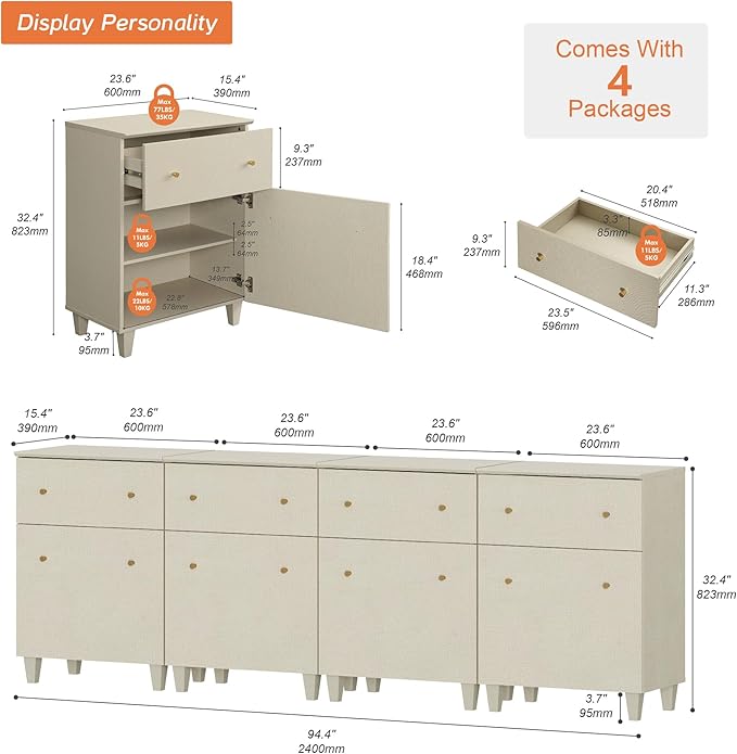 WAMPAT 4-in-1 Storage Cabinets for Living Room, 94.4" Sideboard with Drawers and Doors, Modern Beige Accent Cabinets with Adjustable Shelves for Dining Room, Hallway, Bedroom, 4 Packs