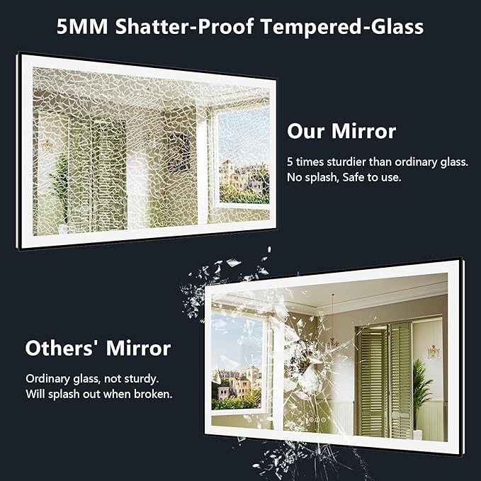 60x40 Inch LED Bathroom Mirror with Lights (Front Lit and Backlit) Black Framed Lighted Vanity Mirror for Bathroom Wall Dimmable Anti-Fog Memory Tempered Glass Horizontal/Vertical