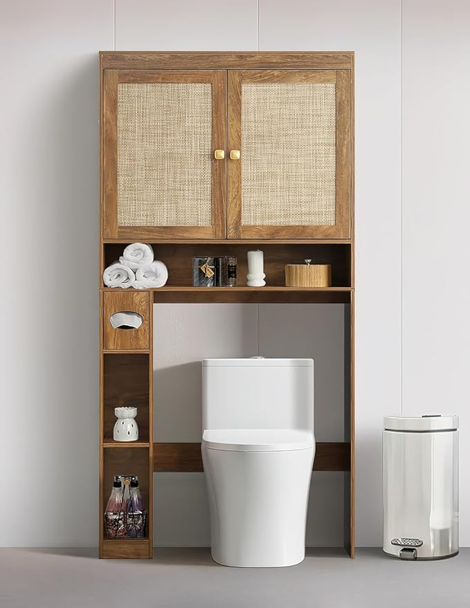 Over The Toilet Storage Cabinet, Over Toilet Bathroom Organizer with Double Doors and Adjustable Shelf, Freestanding Home Space Save Toilet Rack (Rustic Brown, Double Doors)