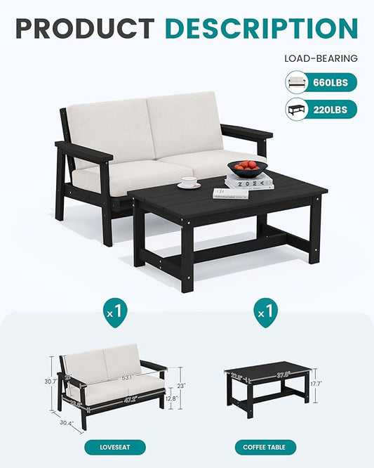 SERWALL Outdoor Loveseat, Black Frame and Khaki Cushion
