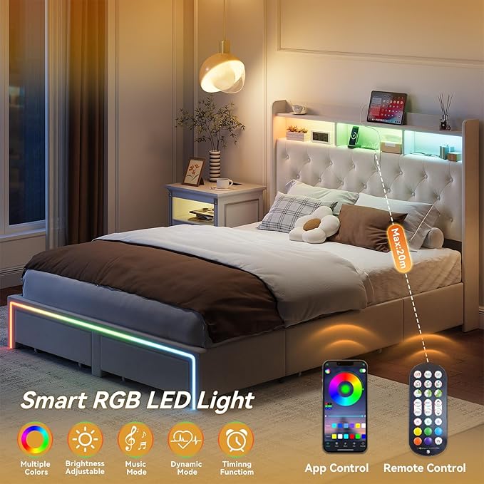 Full LED Bed Frame with Storage Headboard & Charging Station, Velvet Fabric Platform Bed Frames with 4 Drawers, Button Tufted Upholstered, No Box Spring Needed, Beige