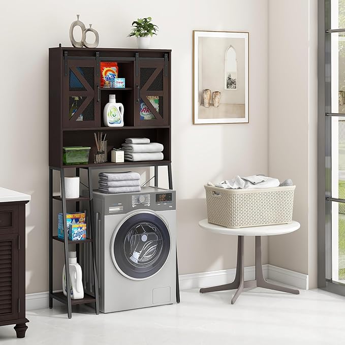 Over The Toilet Storage Cabinet, Farmhouse Storage Cabinet Over Toilet with Sliding Barn Door,Home Space-Saving Toilet Rack, for Bathroom, Restroom, Laundry(Espresso)