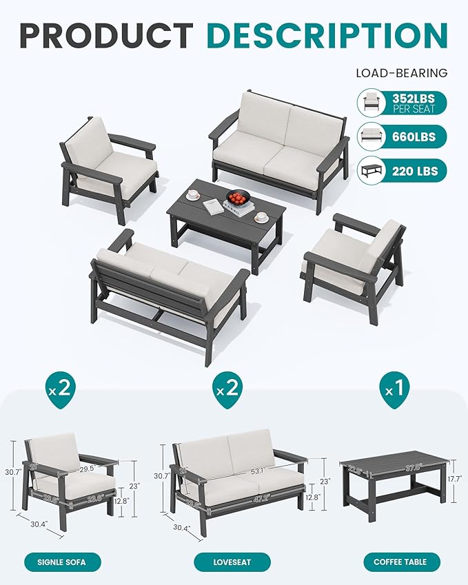 SERWALL HDPE Patio Furniture Set, 5 Piece All Weather Wood-Like Sectional Outdoor Furniture Set, Grey Patio Sofa Couch with Khaki Cushions for Deck, Lawn