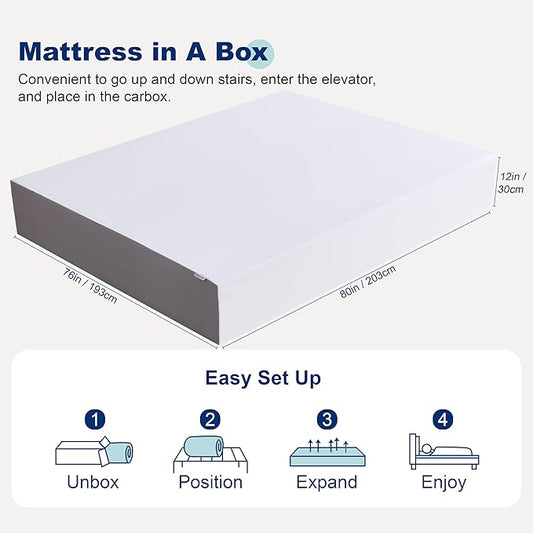 Amazon Basics Memory Foam Mattress, Soft Plush Feel, 12 Inch, King, White/Grey