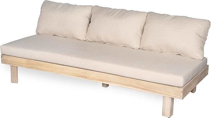 Christopher Knight Home Topia Acacia Wood Outdoor 3 Seater Sofa with Cushion, Wooden Patio Sofa Couch with Cushion, Comfy Armless Cloud Sofa Couch, Patio Furniture Sofa Set, Light Wash+Beige