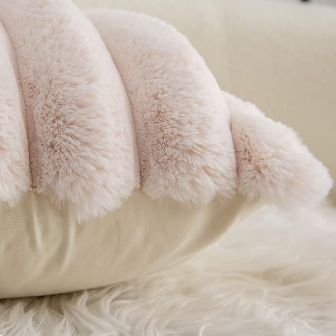 Neelvin Beige Faux Fur Cozy Soft Striped Decorative Throw Pillow Covers 24x24 inch Set of 2,Velvet Pillowcase Cushion Case for Sofa Couch