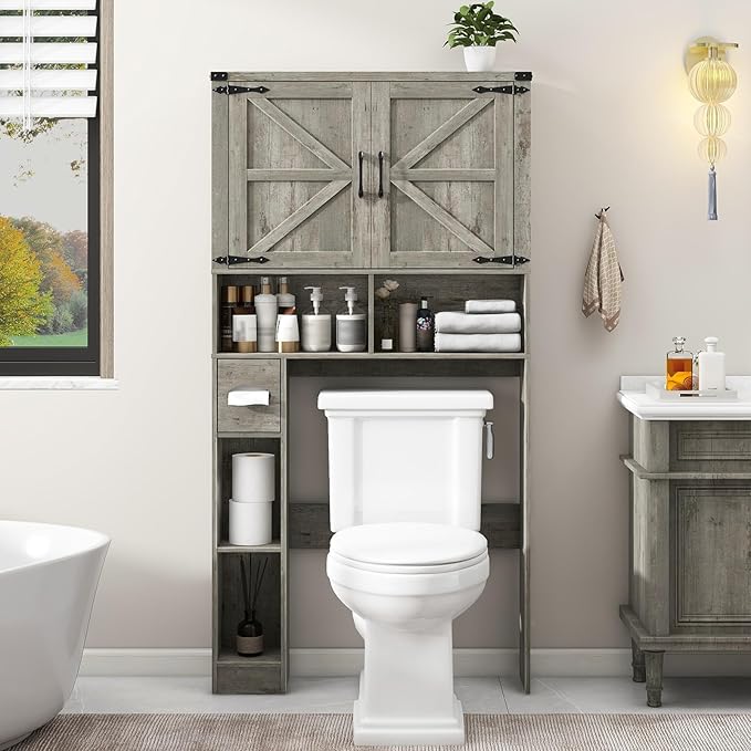 Vabches Over The Toilet Storage Cabinet, Farmhouse Storage Cabinet Over Toilet with 2 Barn Doors & Toilet Paper Holder Stand,Home Space-Saving Toilet Rack, for Laundry, Bathroom, Restroom.Grey Oak