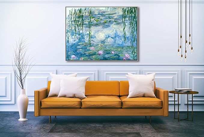 Wieco Art Large Silver Framed Canvas Print Water Lilies by Claude Monet Paintings Reproduction Modern Abstract Canvas Wall Art for Home and Office Decoration Artwork